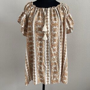 Rose + Olive XL Boho Peasant Blouse Top Tassel Tie Front Flowy Tiered Sleeve